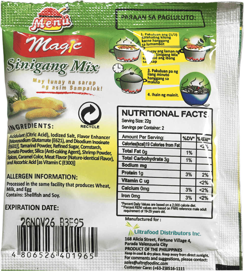 Menu Magic Sinigang Mix 22g back image