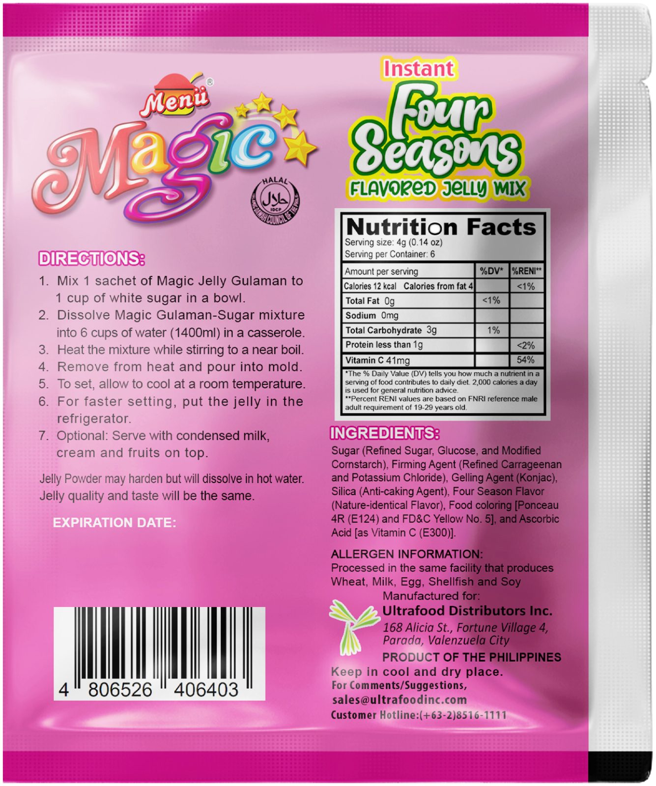 Menu Magic Jelly Four Season back image