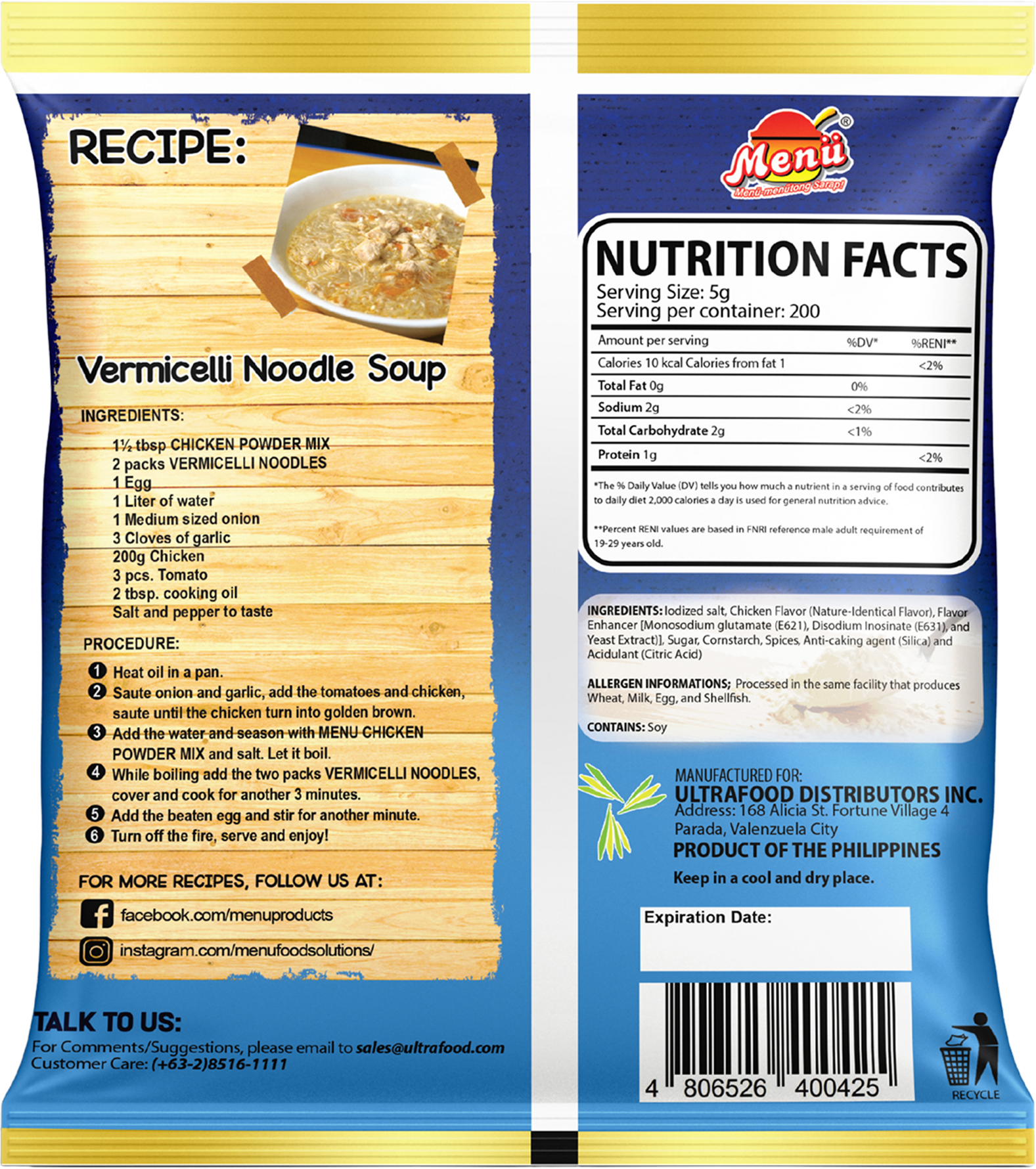 Menu Chicken Powder Mix 250G back image
