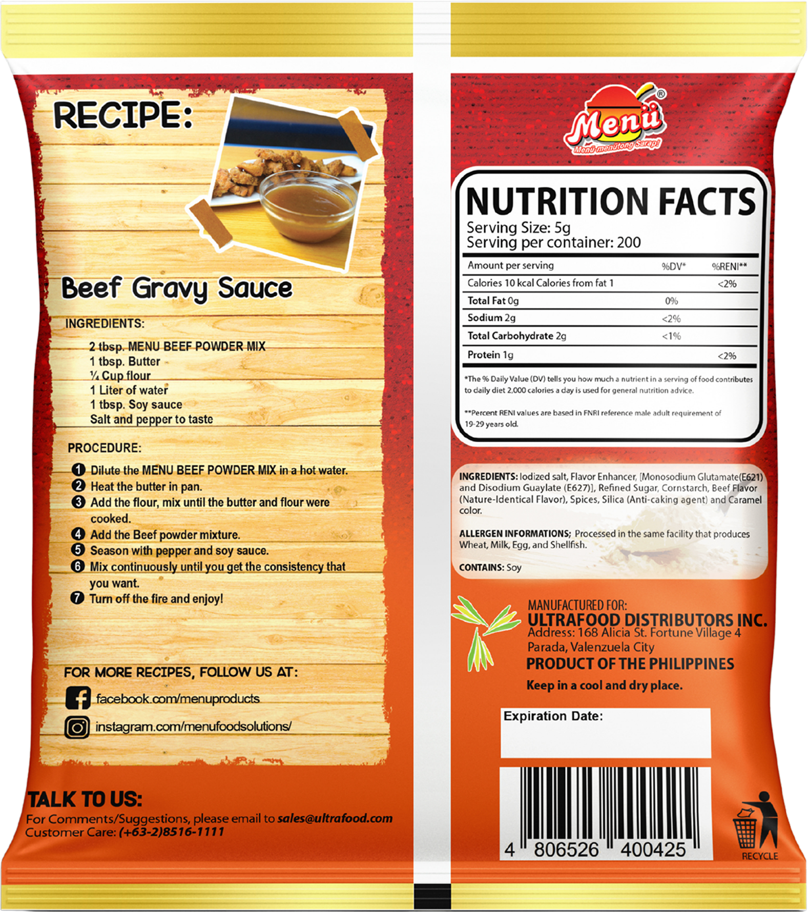 Menu Beef Powder Mix 250G back image