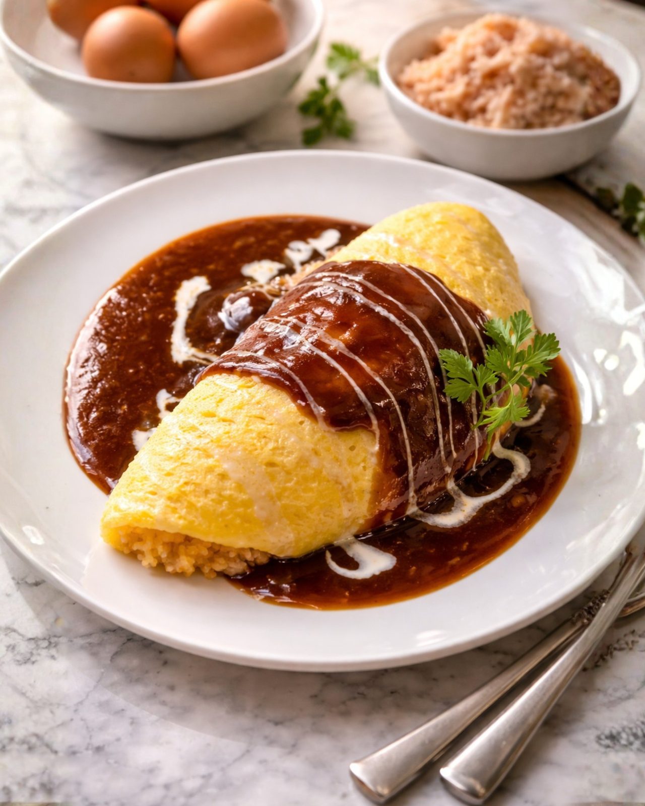 Omurice (Japanese Omelette Rice) with Demi-Glace Sauce image